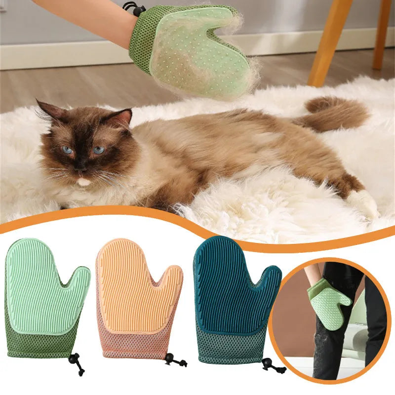 Pet grooming glove for hair removal in dark blue colour showing mesh fabric texture