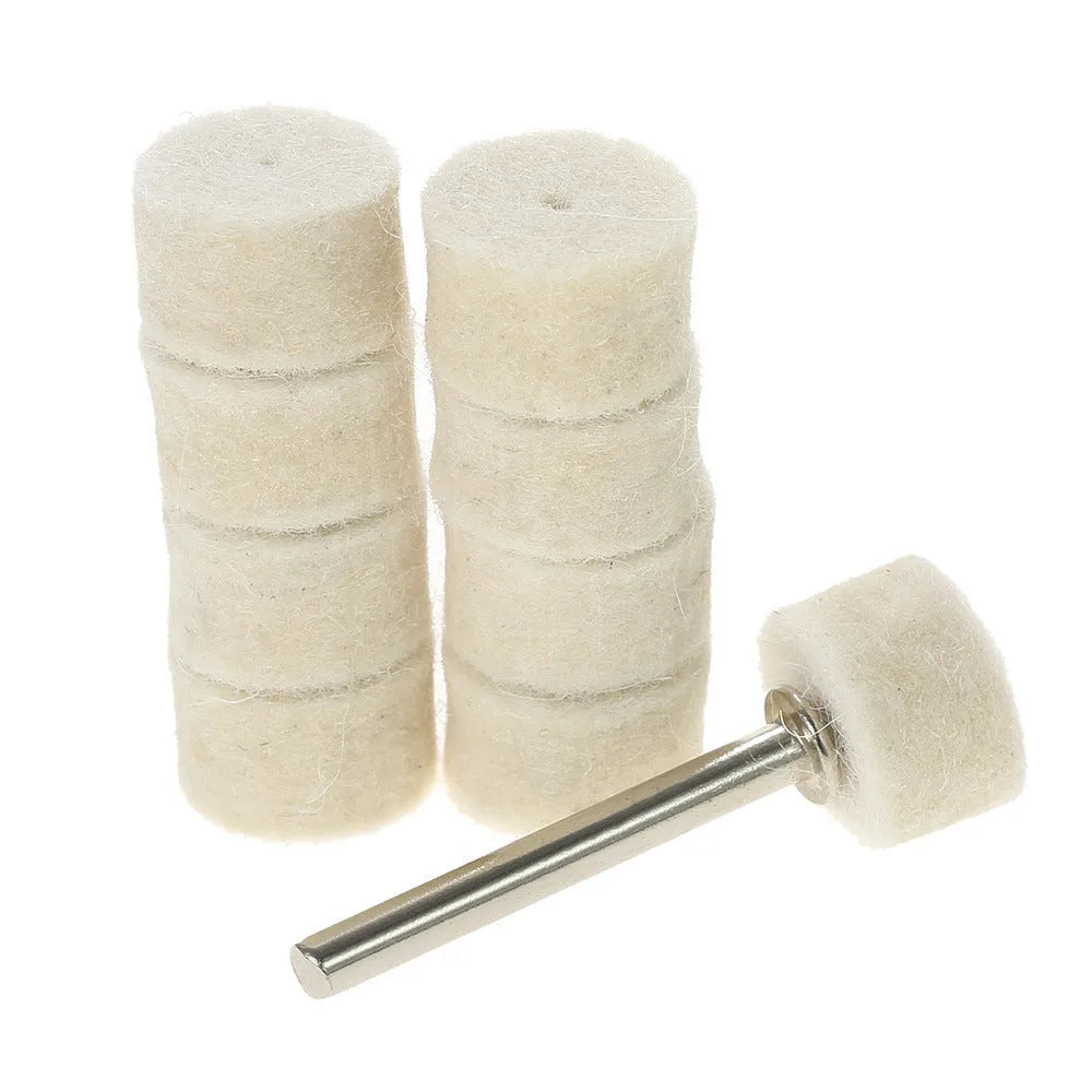 129-piece polishing wheel accessory set with wool and iron abrasive pads in white and metal finish on a white background