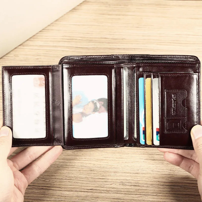 Men's leather wallet showing internal compartments including card slots, hidden pocket and photo position
