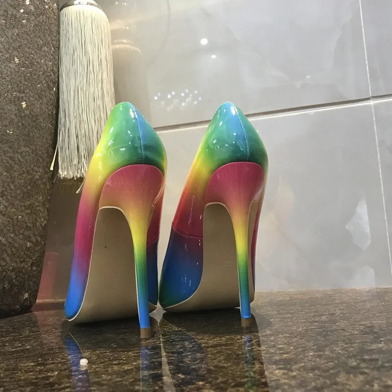 Rainbow patent leather women's stiletto heels with pointed toe in 10cm and 12cm heel height options