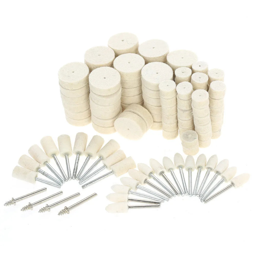 129-piece polishing wheel accessory set with wool and iron abrasive pads in white and metal finish on a white background