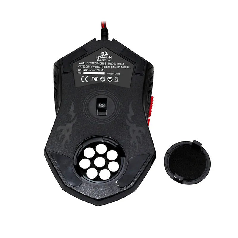 Black and red USB wired optical gaming mouse with six buttons and ergonomic design