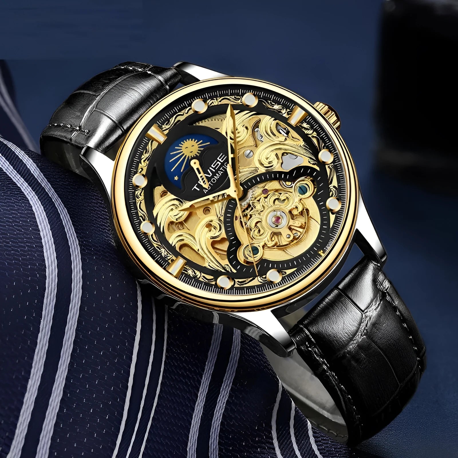 Men's automatic waterproof mechanical watch with leather strap in business style