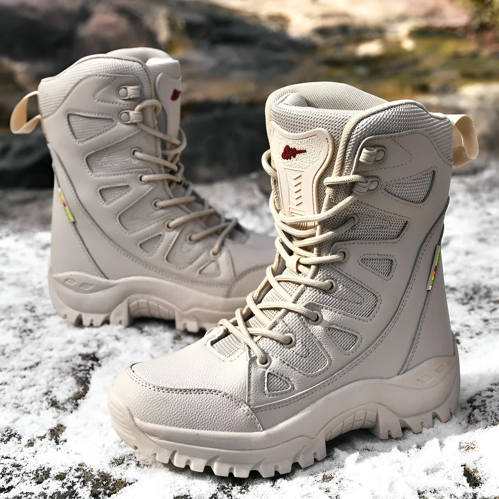 Men's beige hi-top hiking sneakers with a platform sole made from cowhide leather.