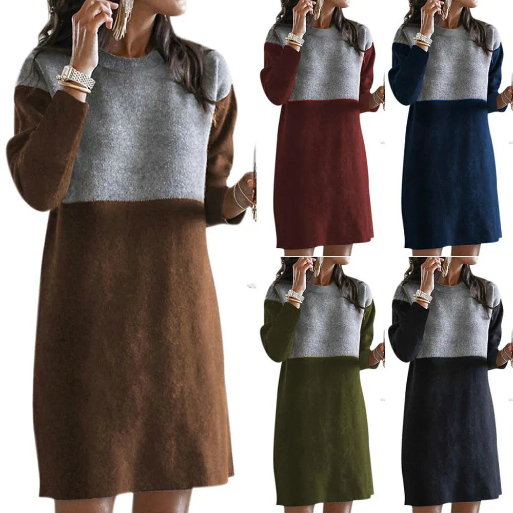 Brown women's polar fleece patchwork skirt dress with long sleeves and a round neckline on a hanger.