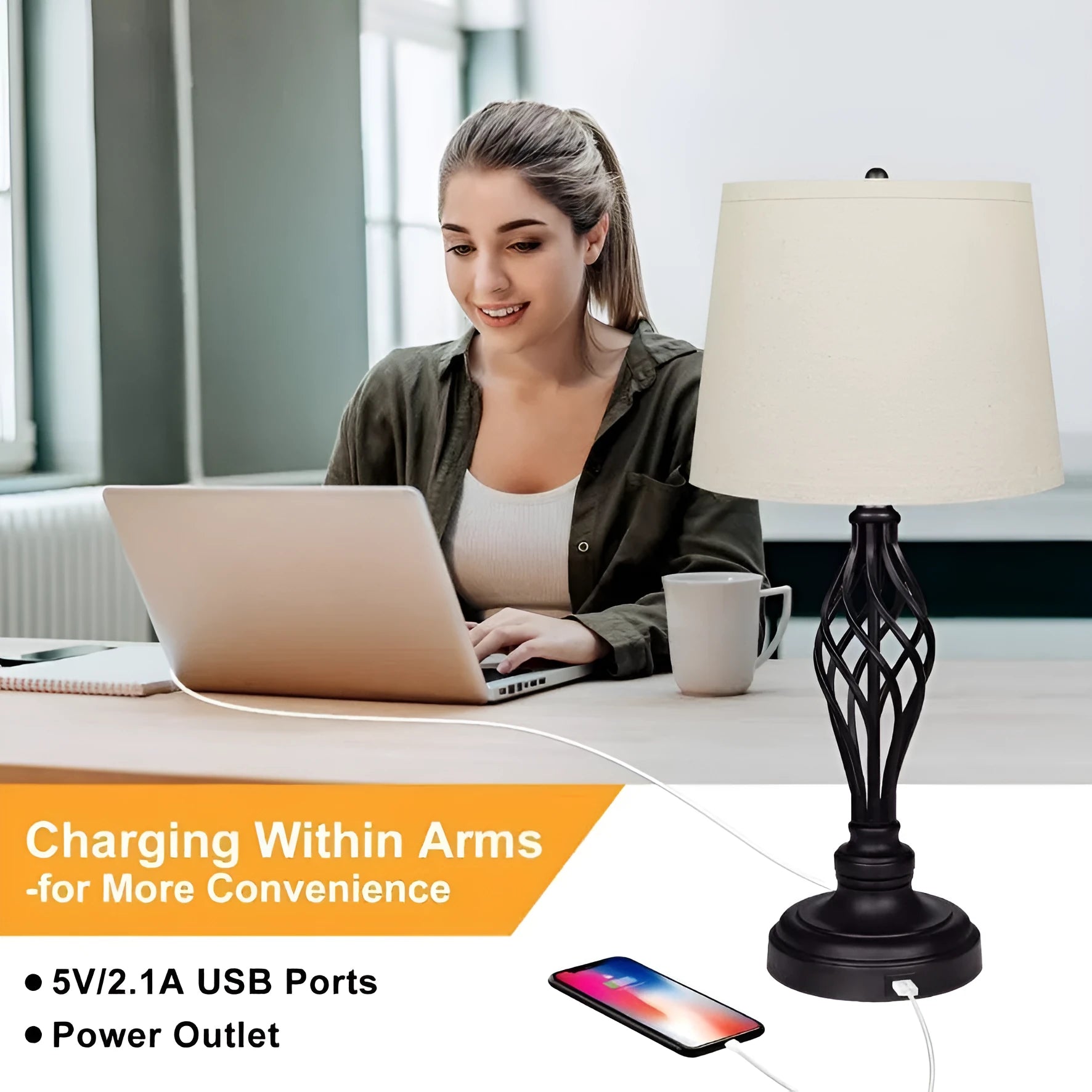 Silver alloy touch control bedside table lamp with USB cable on wooden surface