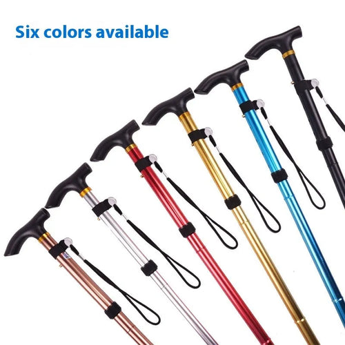 Aluminum folding walking cane extended to show adjustable shaft and rubber tip