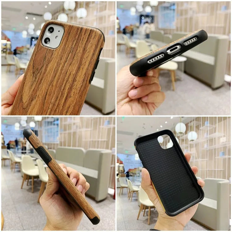 A slim wooden back cover case for an iPhone, showing the natural grain of rosewood or bamboo.