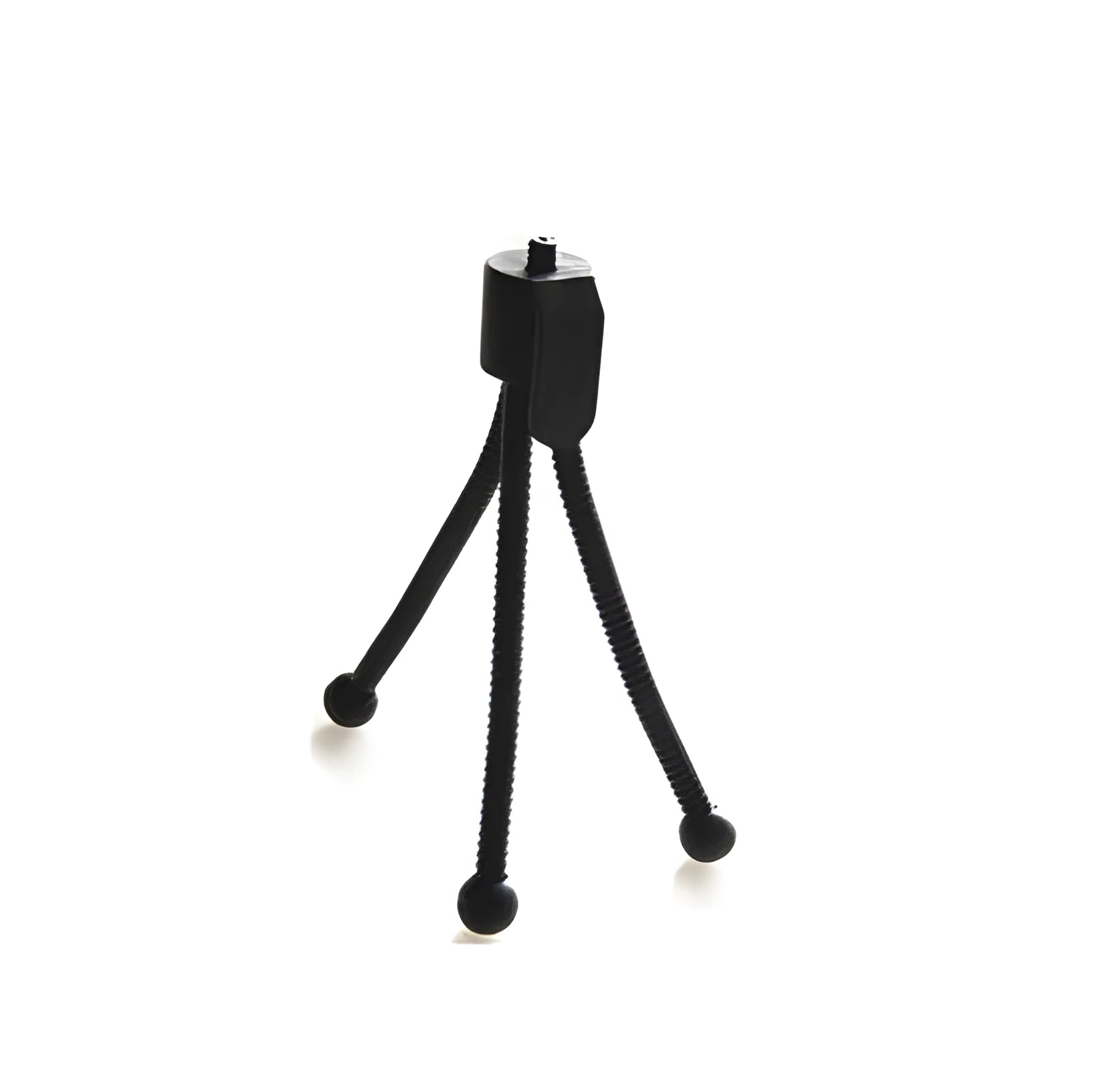 Small black iron mini tripod with ball head and folded legs on a table