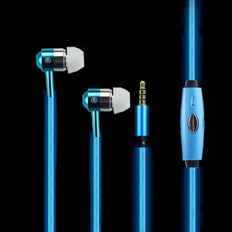 Blue wired earphones with glowing LED light lines on earpieces, showing 3.5mm plug and inline remote.