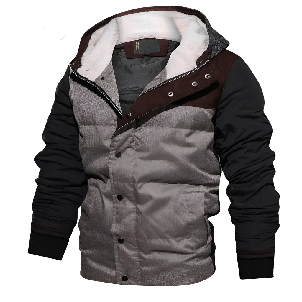 Men's grey cardigan jacket with cotton filling, zip front, loose fit, plain polyester fabric, hit colour design, Asian sizing