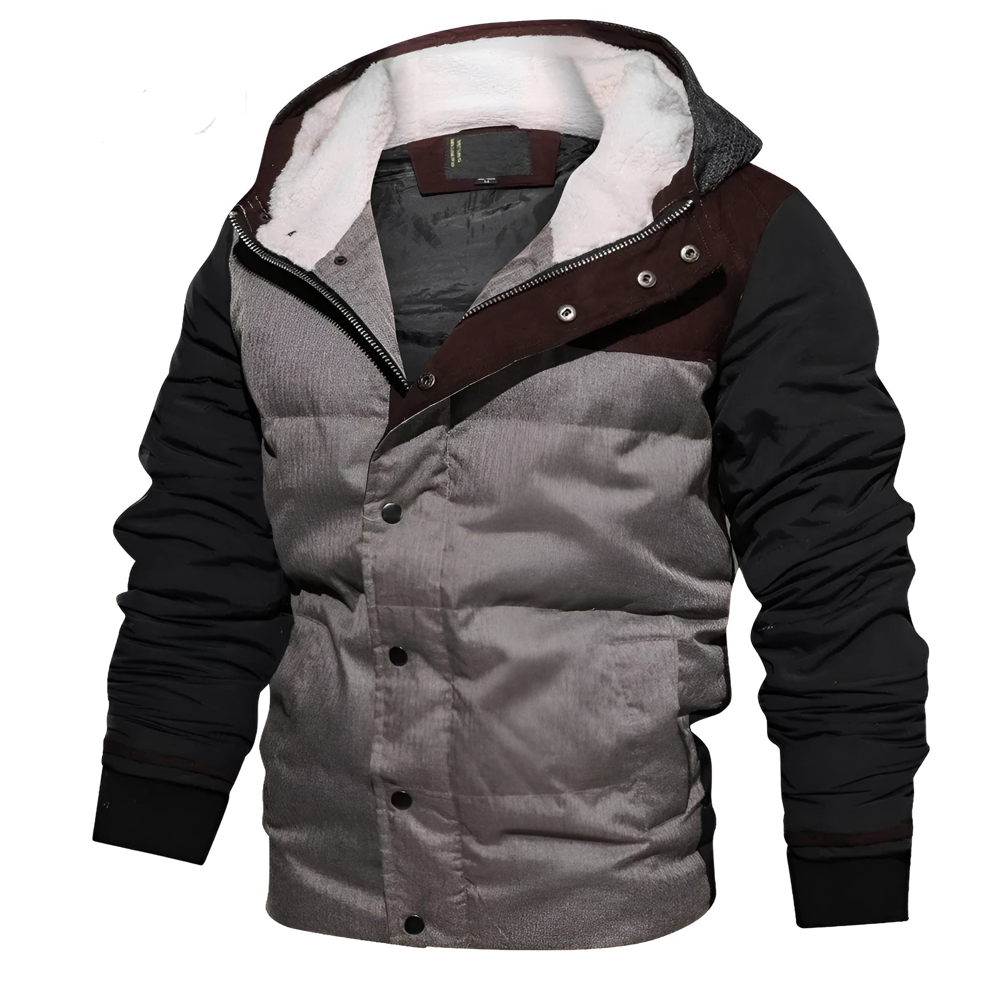 Men's grey cardigan jacket with cotton filling, zip front, loose fit, plain polyester fabric, hit colour design, Asian sizing