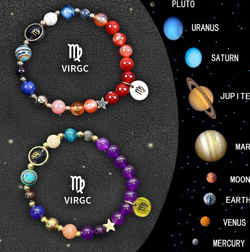 Set of two natural stone beaded bracelets on a wrist, each with different beads representing zodiac signs.