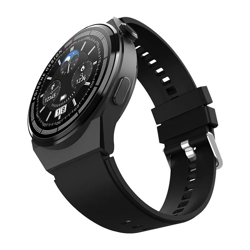 Smartwatch with circular screen on a leather strap, showing NFC payment and calling interface