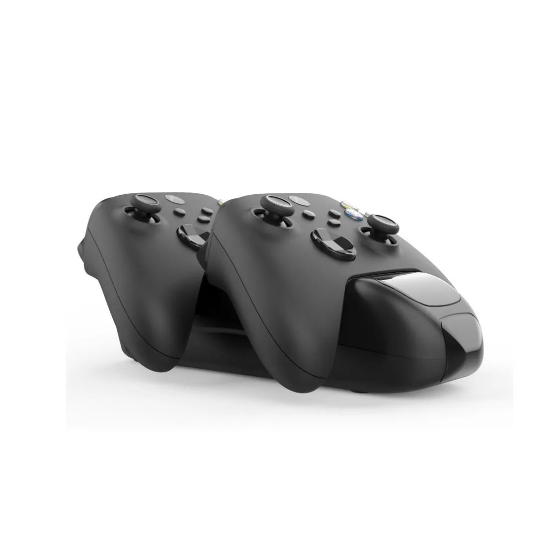 Black wireless charging station for two Xbox Series X controllers with LED lights, showing included rechargeable battery packs.
