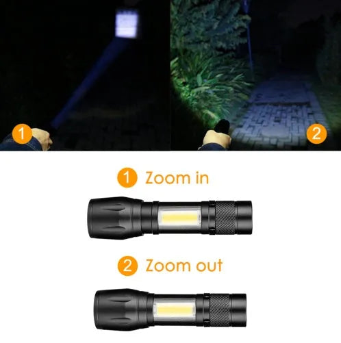 Black mini aluminium alloy telescopic LED flashlight with pocket clip, showing zoom adjustment.