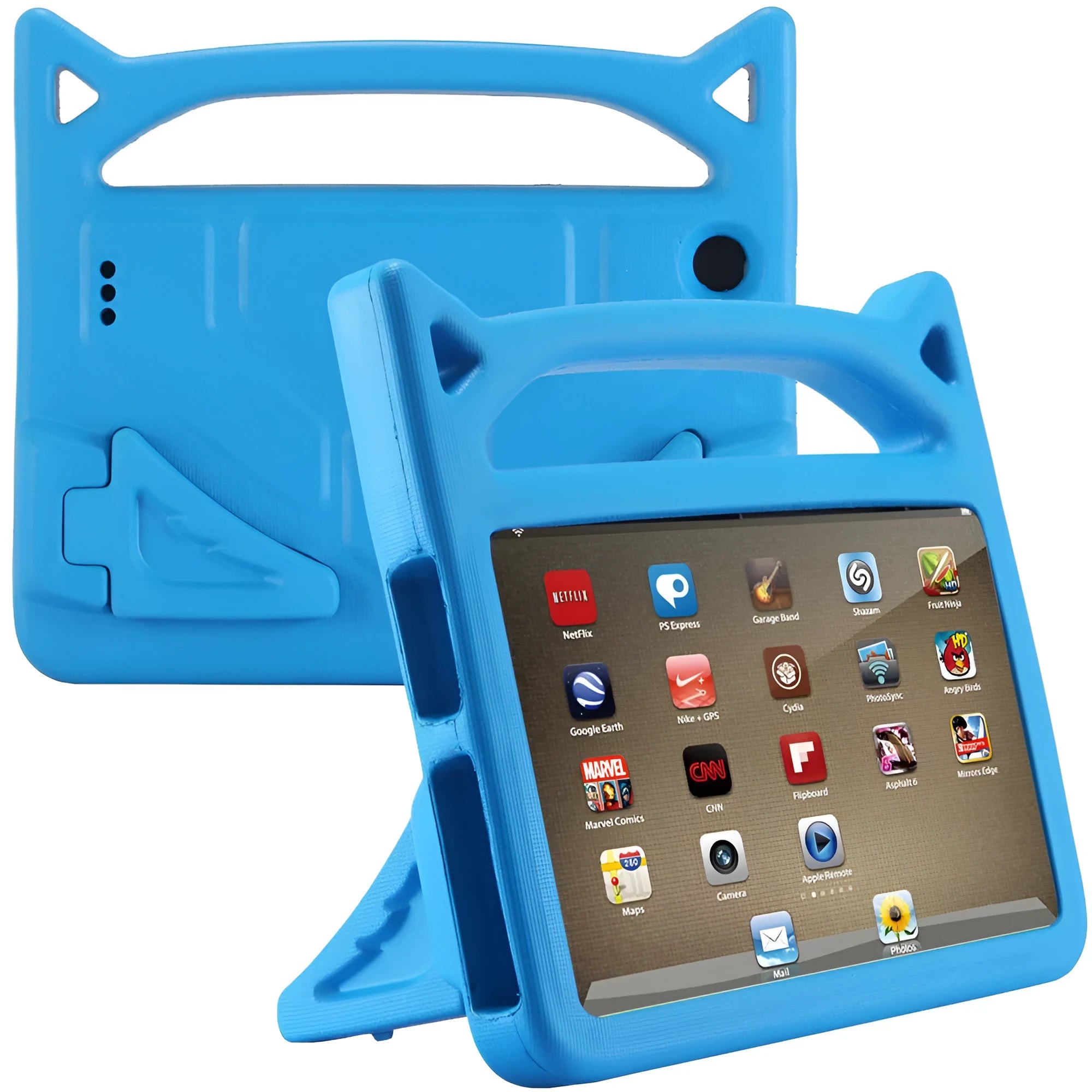 Little Devil EVA anti-drop flat case for Kindle Fire 7 2015/2017, in black colour, showing hand-held design with stand