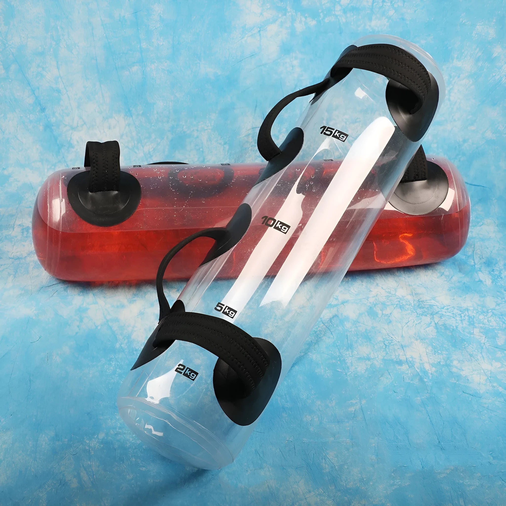 Transparent PVC inflatable water weight bag for portable fitness training.