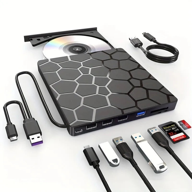 Black external USB CD/DVD drive writer burner with slim portable design