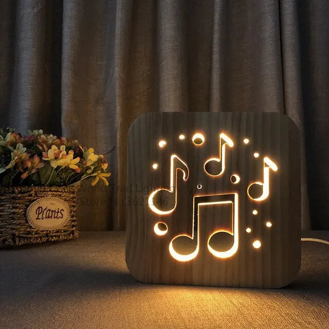 Wooden LED atmosphere light with warm white glow and USB power cable