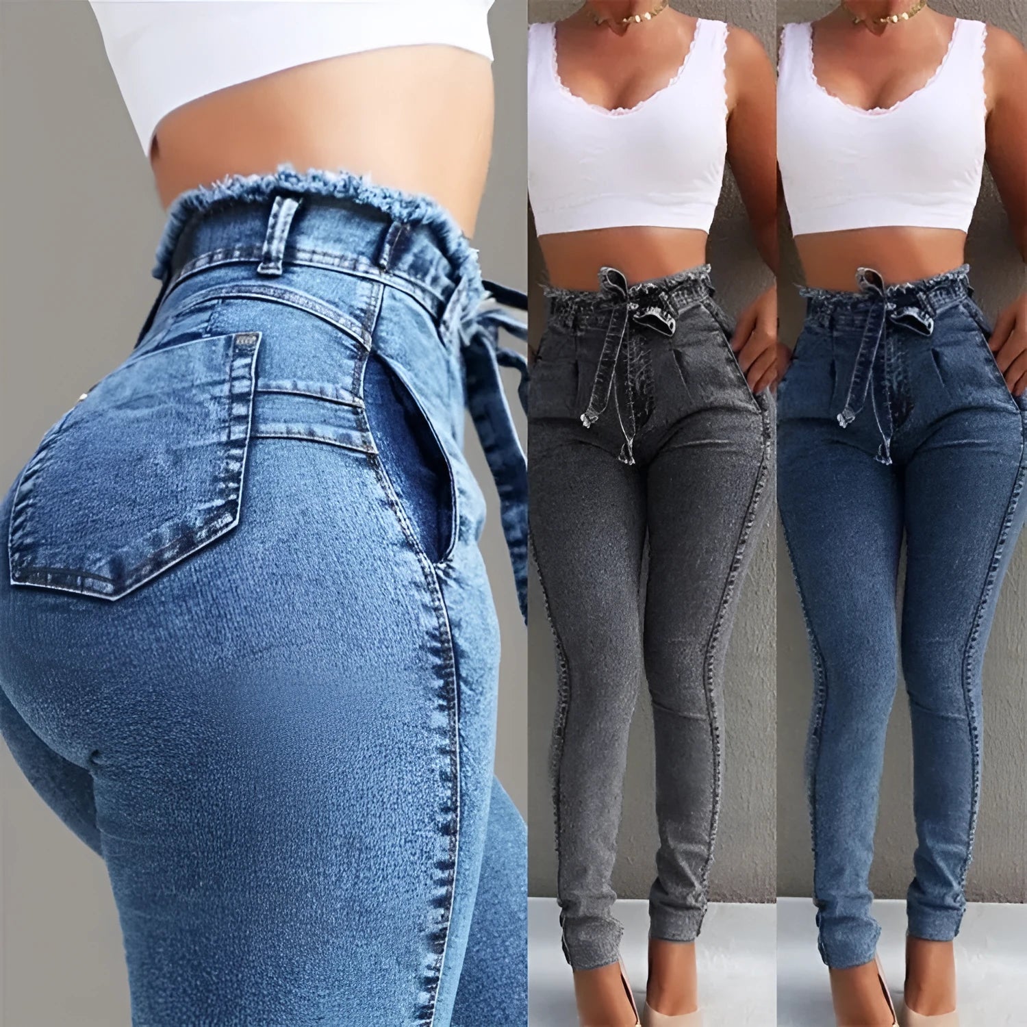 Pair of straight-leg jeans with a frayed fringed hem detail, shown in light blue denim.