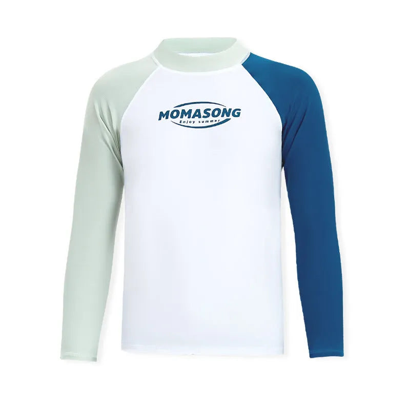 Men's white long-sleeve swim top with matching blue double-layer beach swimming trunks