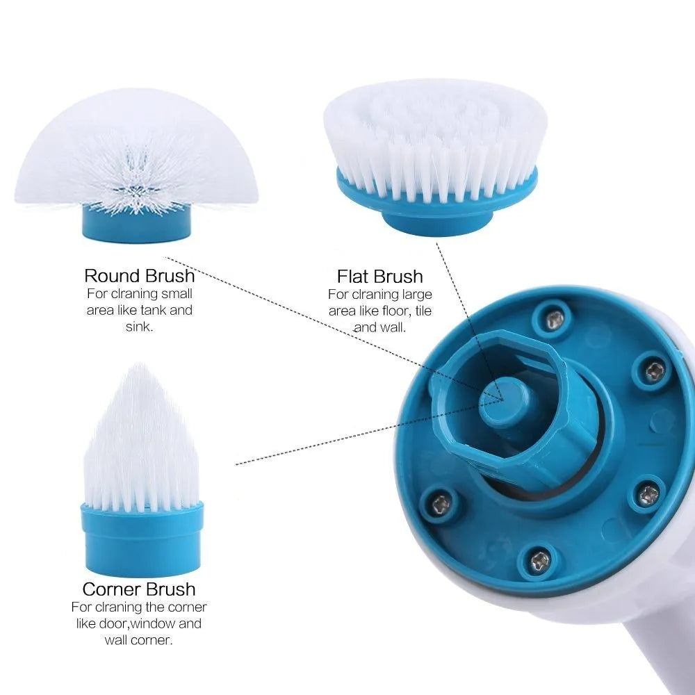 Blue rechargeable electric cleaning brush with retractable extension rod and three brush heads