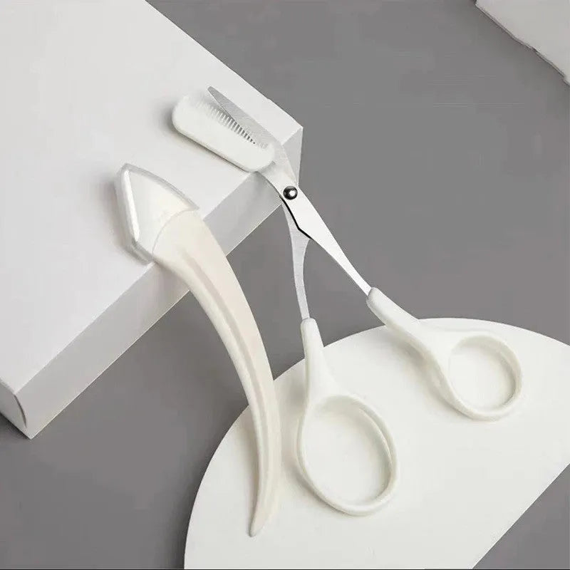 Curved moon eyebrow trimming knife with comb in white and pink colour options