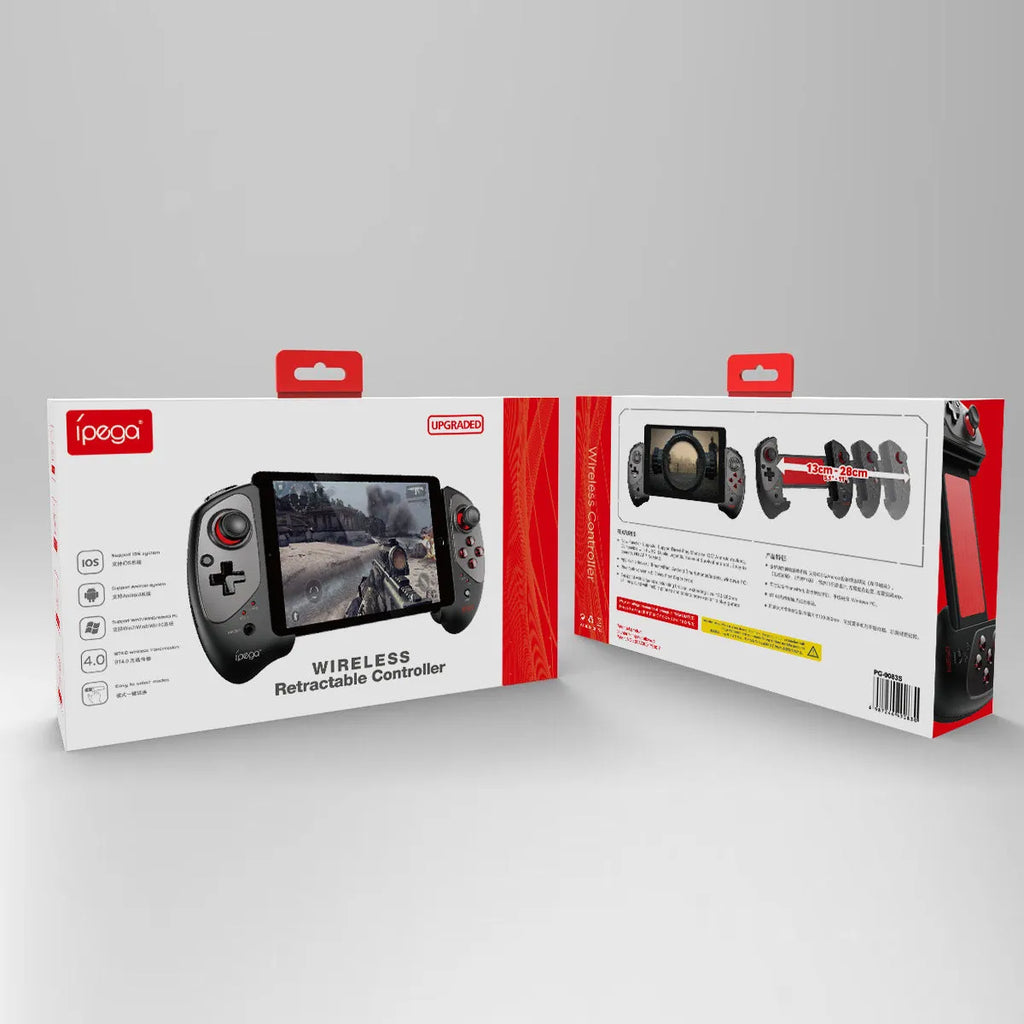 Red telescopic gamepad controller with USB cable showing expanded phone holder