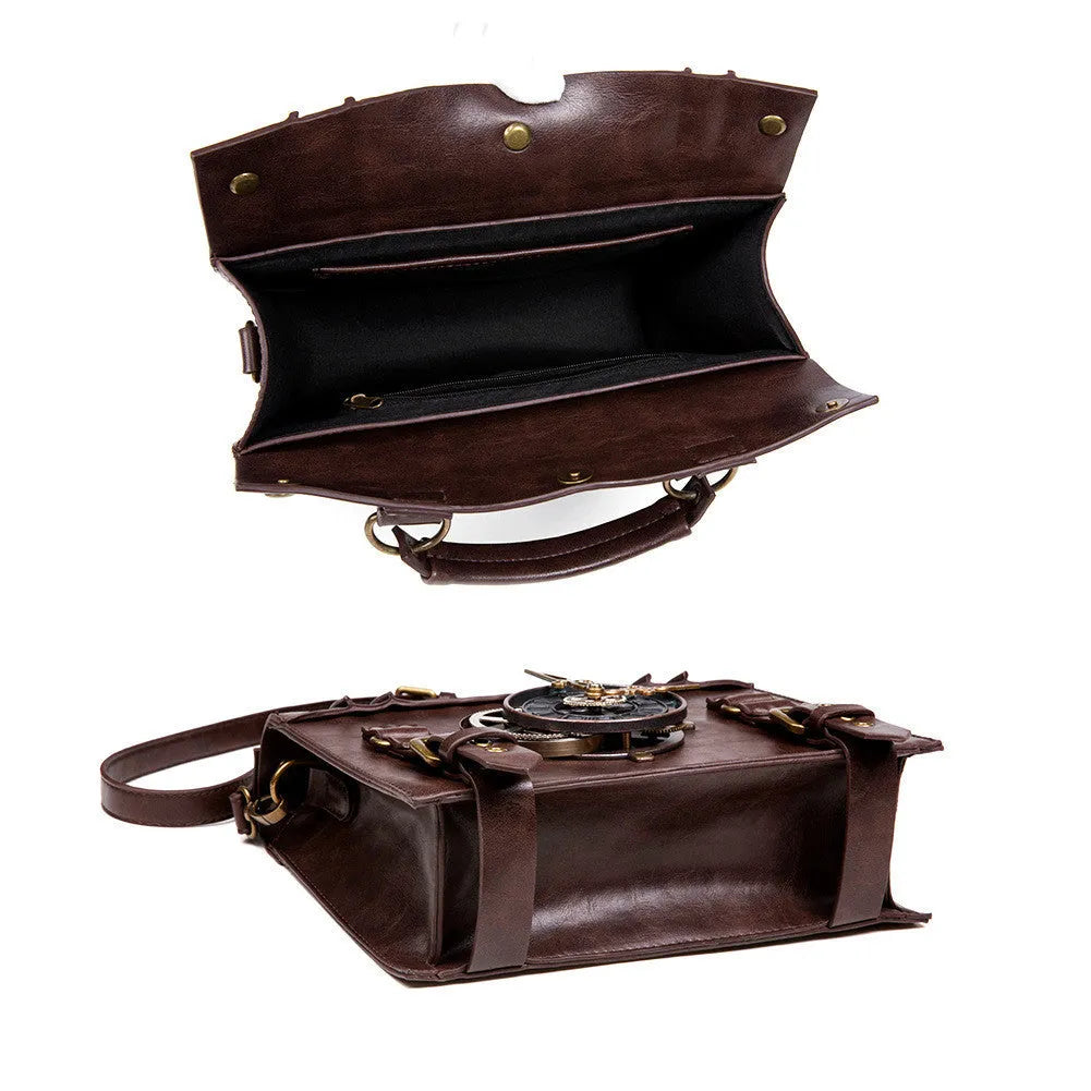 Bronze steampunk industrial retro style square shoulder bag with metal details.