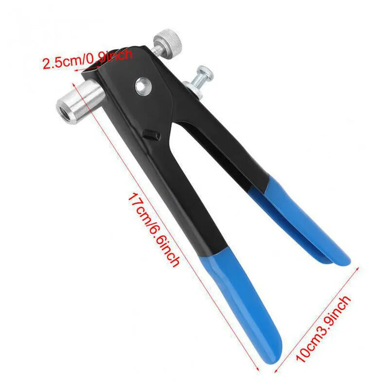 Alloy steel manual riveter tool with interchangeable nosepieces for 86pc or 106pc nut gun set configurations