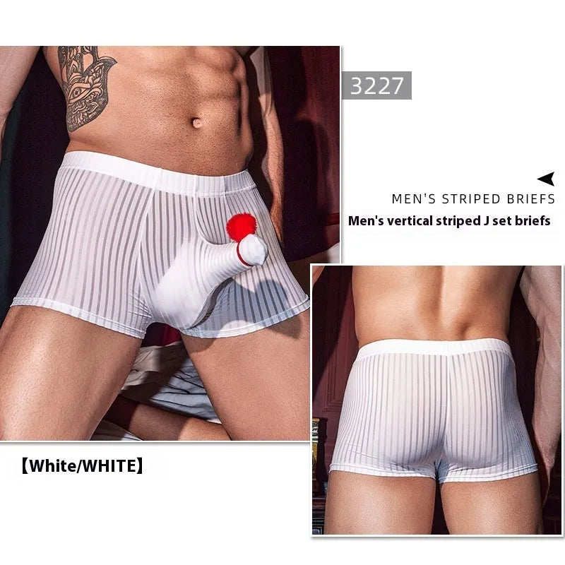 Men's black vertical stripe underwear showing elastic waistband and breathable nylon fabric