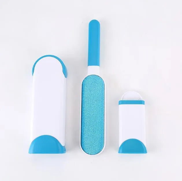 Reusable pet hair removal brush with double-sided roller and self-cleaning base