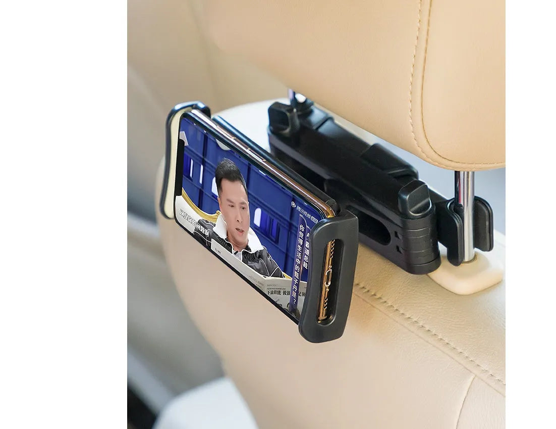 Black plastic car phone holder with universal tablet compatibility mounted on vehicle rear seat