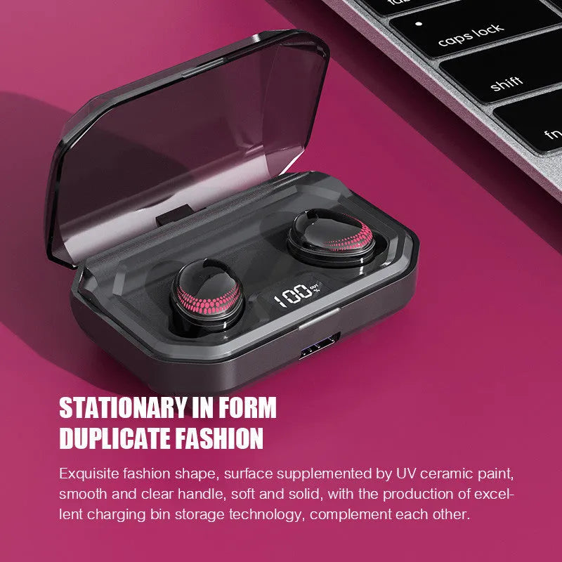 Black X10 Bluetooth headset with charging case showing earpiece design