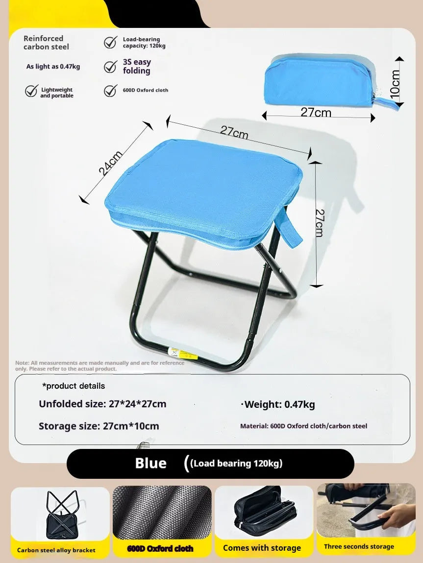 Outdoor folding camp stool in khaki colour with crossbody carry bag, shown in folded and unfolded states.