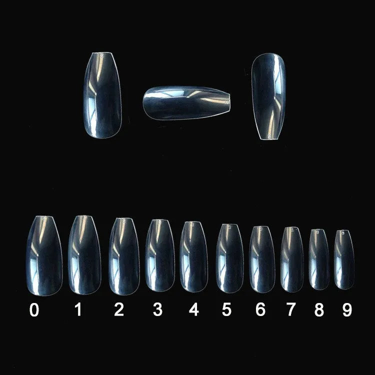 500 transparent natural false nails in 10 sizes, made from ABS material for gel or acrylic application.