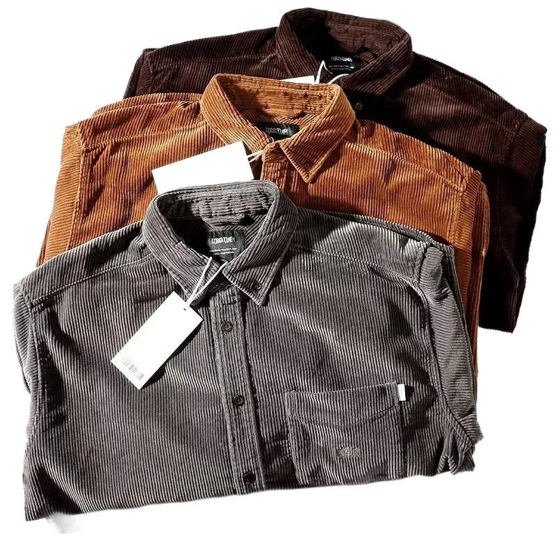 Men's loose corduroy long sleeve shirt cardigan in caramel colour with Hong Kong style fit