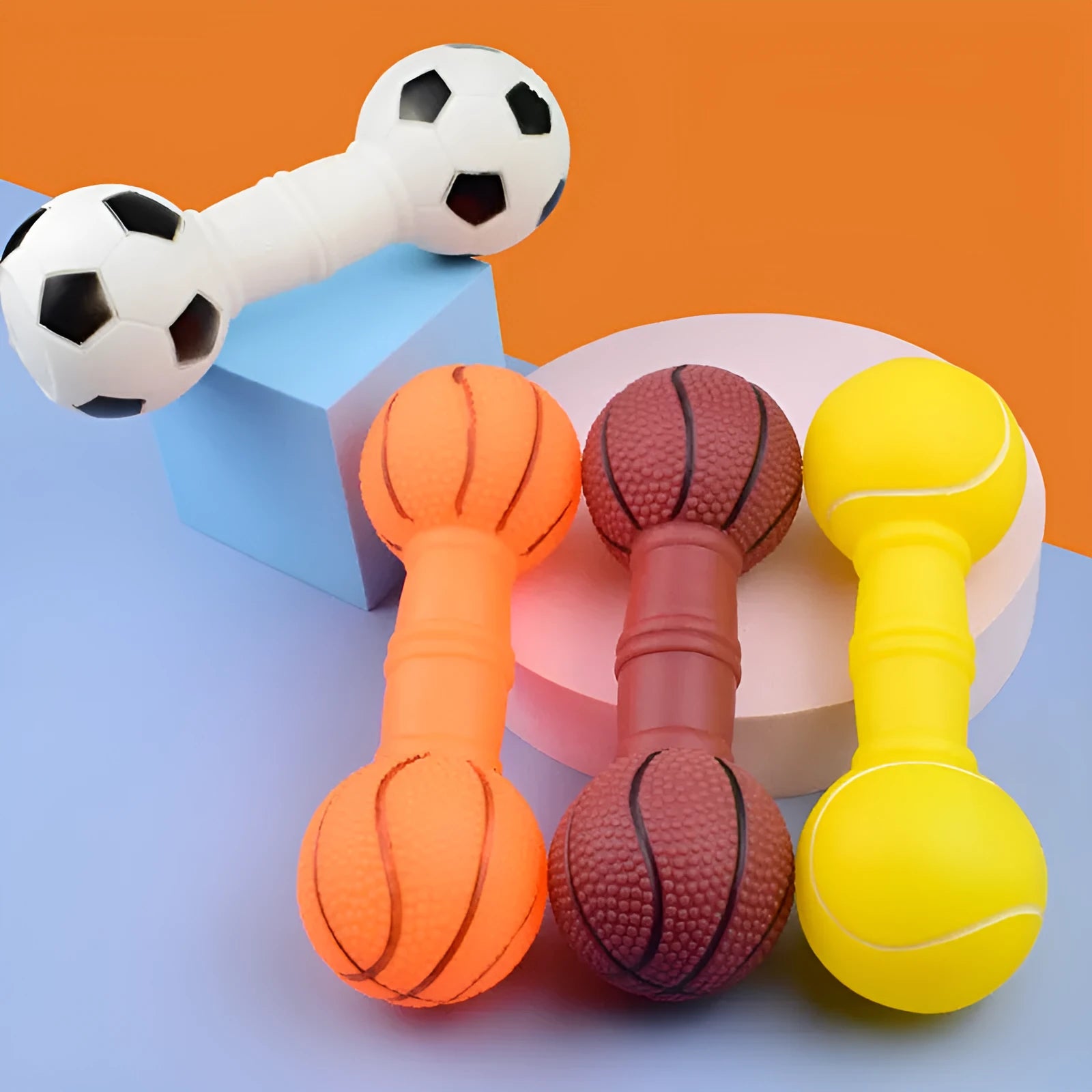 Brown football dumbbell shaped dog squeaky chew toy on white background