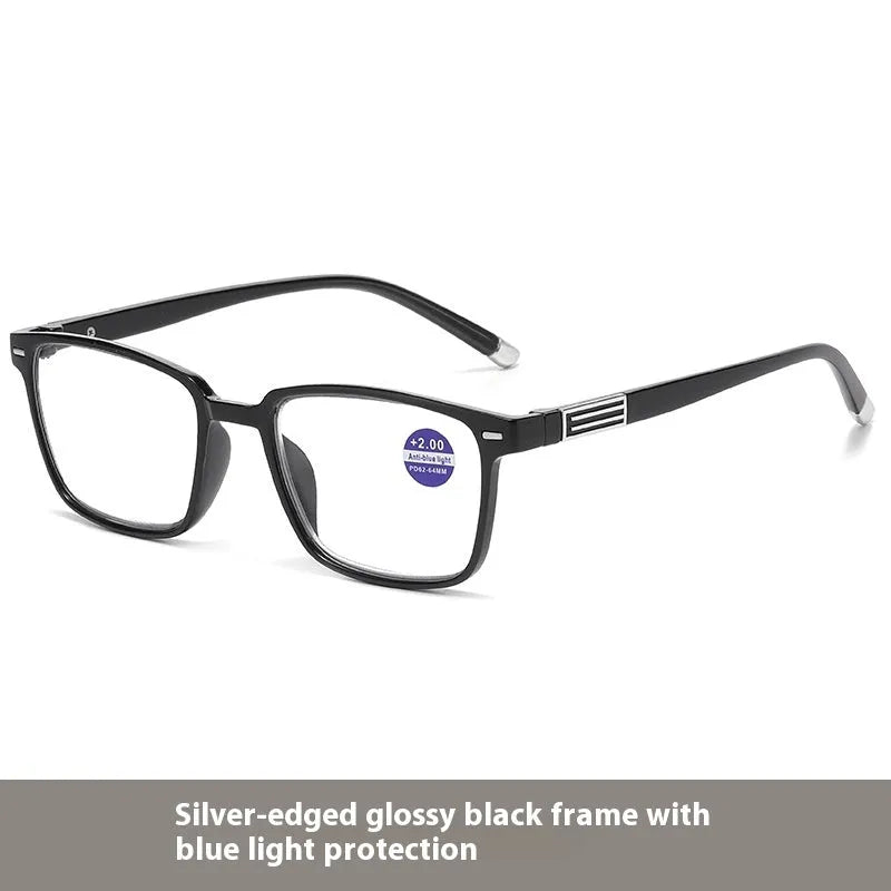 Anti blue light multifocal reading glasses with colour changing lenses in a black and gold frame style.