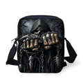 Children's messenger bag with skull pattern showing double adjustable straps and zippered main compartment