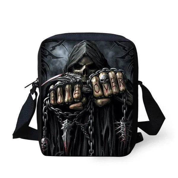 Children's messenger bag with skull pattern showing double adjustable straps and zippered main compartment