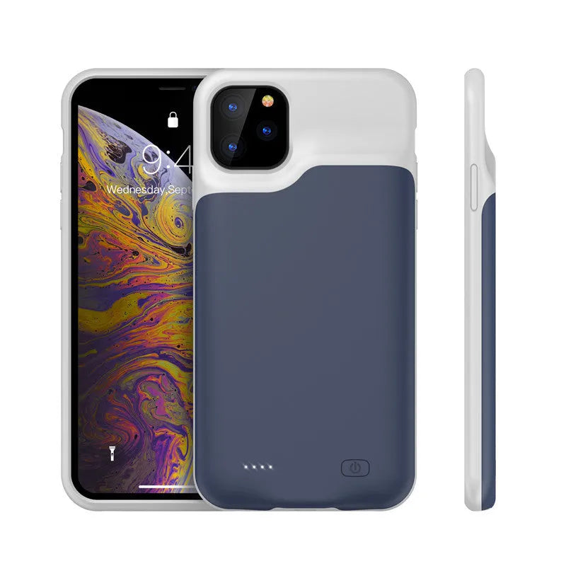 Shockproof silicone iPhone battery charger case in black, blue, pink, or white, showing integrated high-capacity battery.