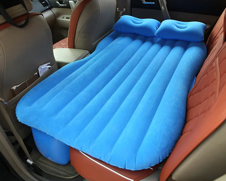 Thick flocking inflatable car air bed set with pump and pillows for five-seater vehicles.