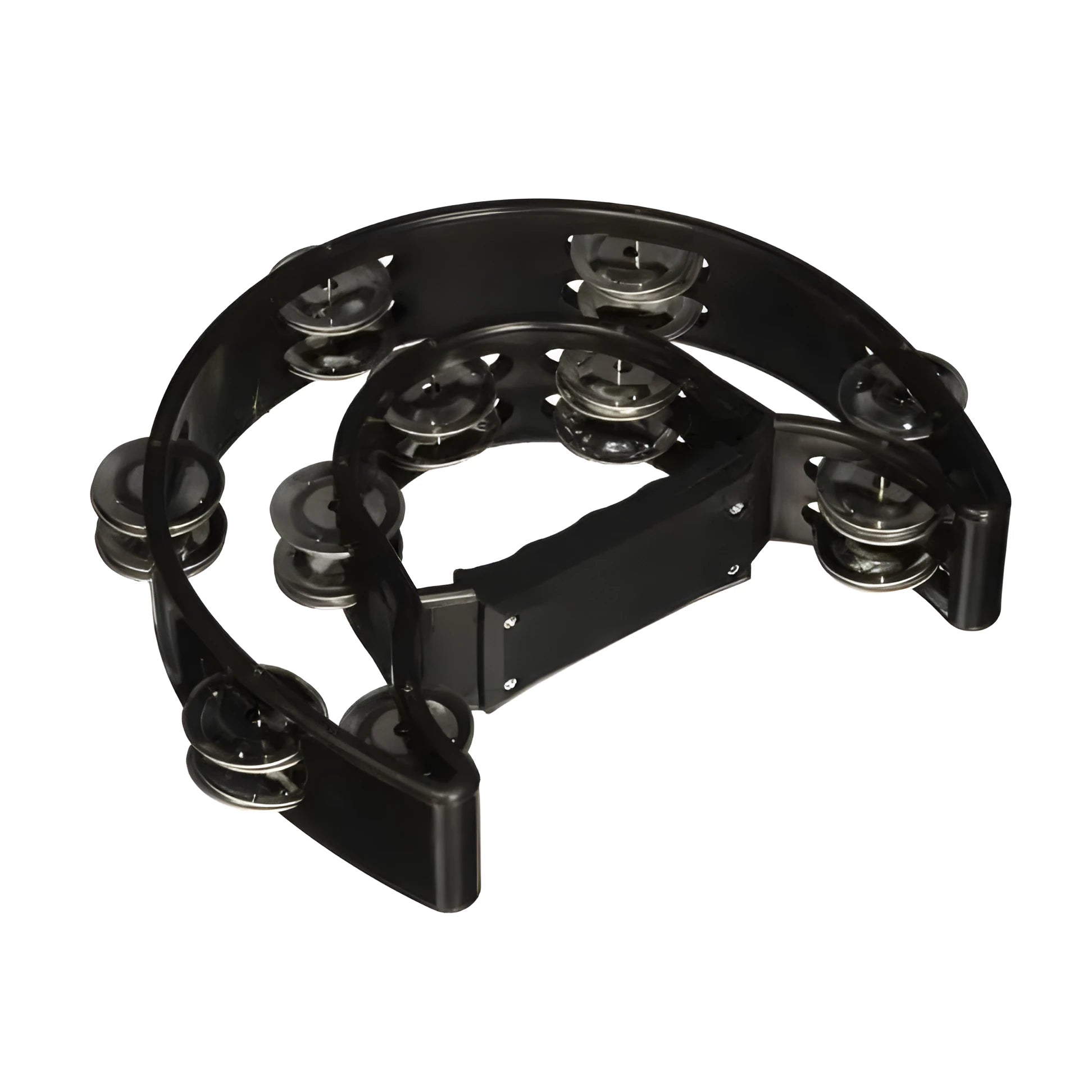 Double moon shaped black plastic tambourine with handle, 25 x 20 cm, on a light background