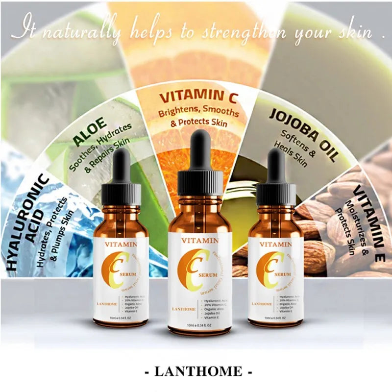 Bottle of Vitamin C and Hyaluronic Acid facial serum for anti-aging and skin brightening.