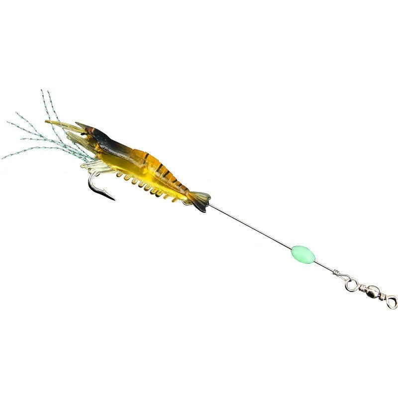 Soft plastic fishing lure with integrated hook in six colour variations including luminous patterns