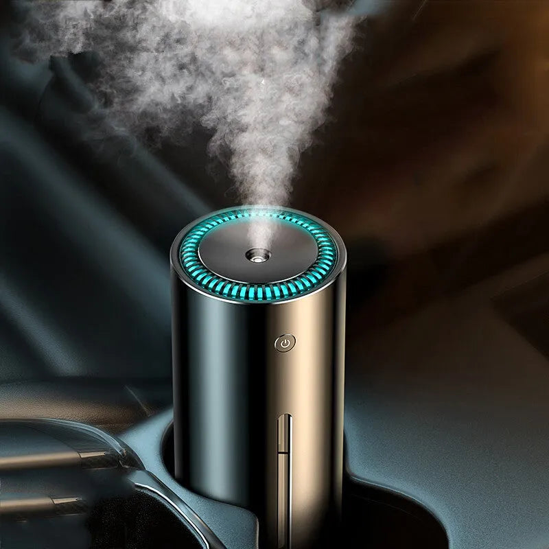 Black aluminium alloy car diffuser humidifier with air purification function on a desktop.