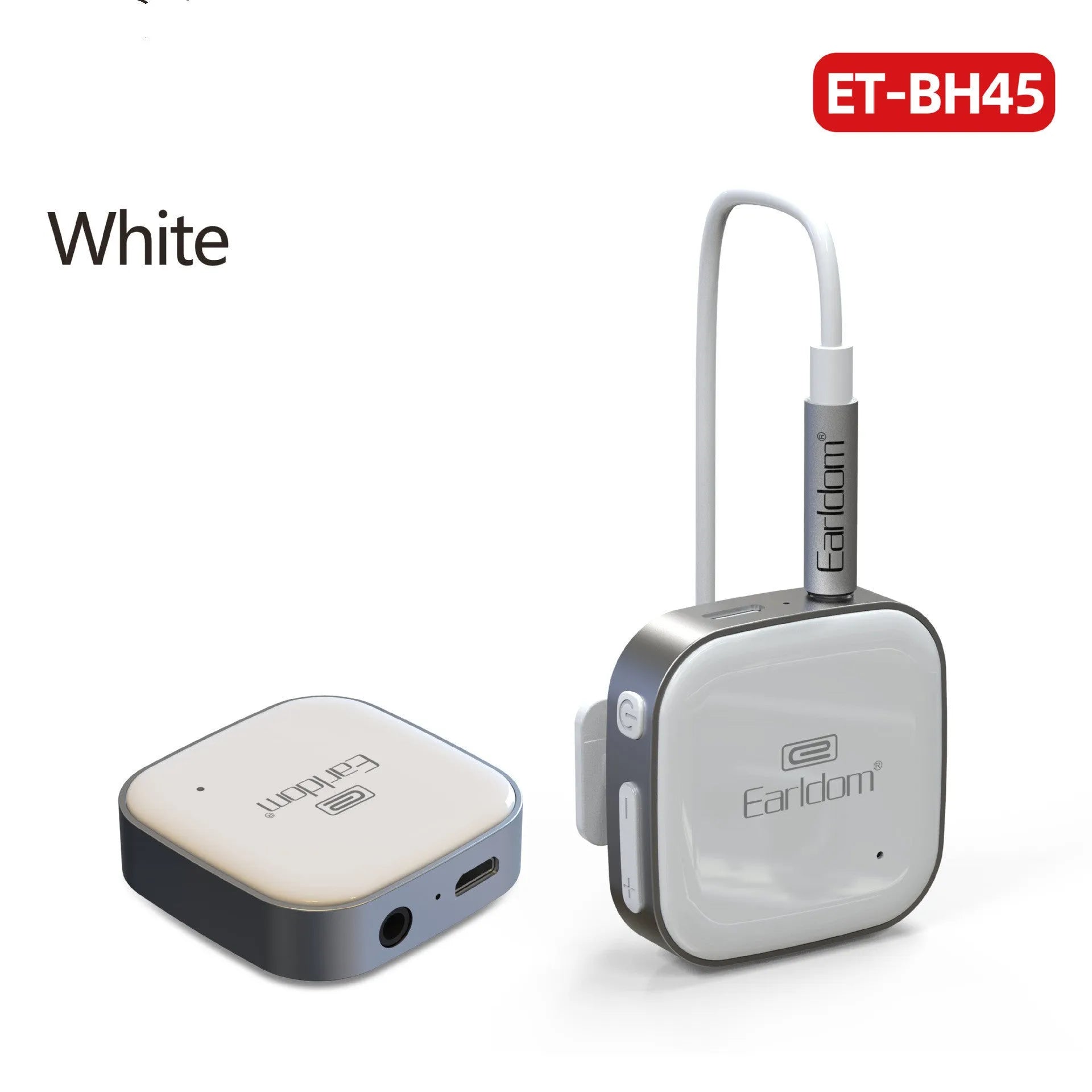 Black Bluetooth lavalier audio receiver for converting wired running headphones to wireless with 10-metre range