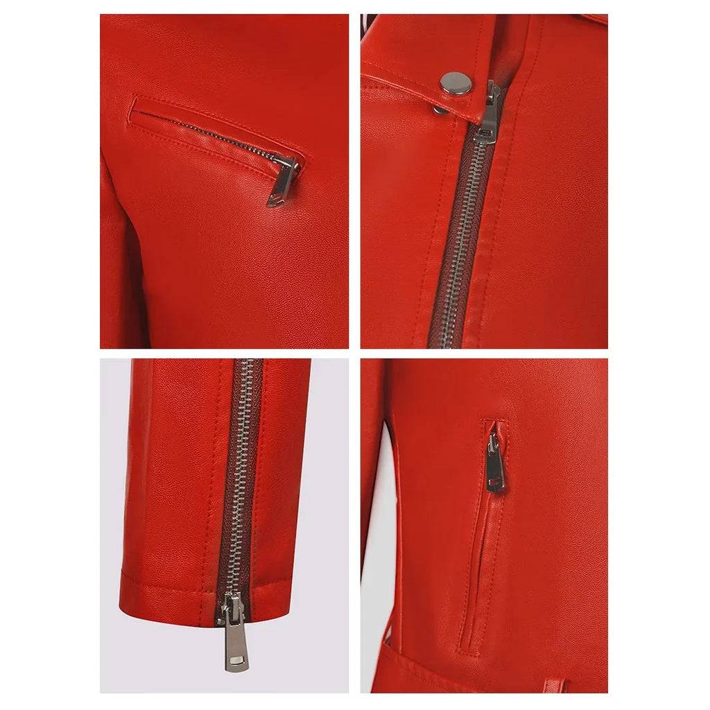 Women's red PU leather biker jacket with lapel collar and removable waist belt on a hanger.
